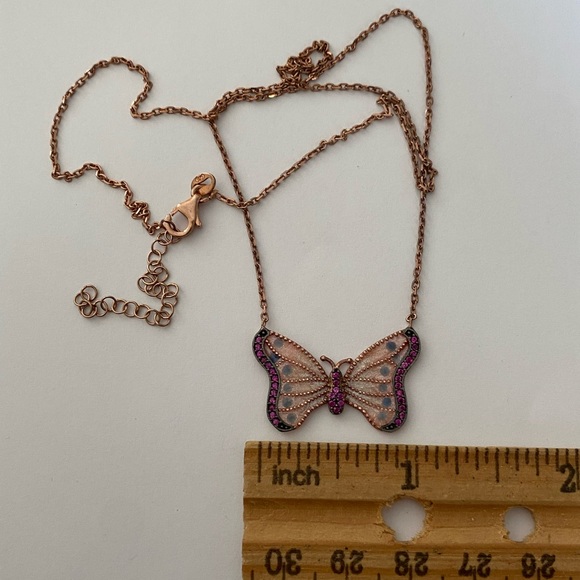🦋925 Silver enamel butterfly cz stones 14k rose gold plated necklace - Picture 3 of 3